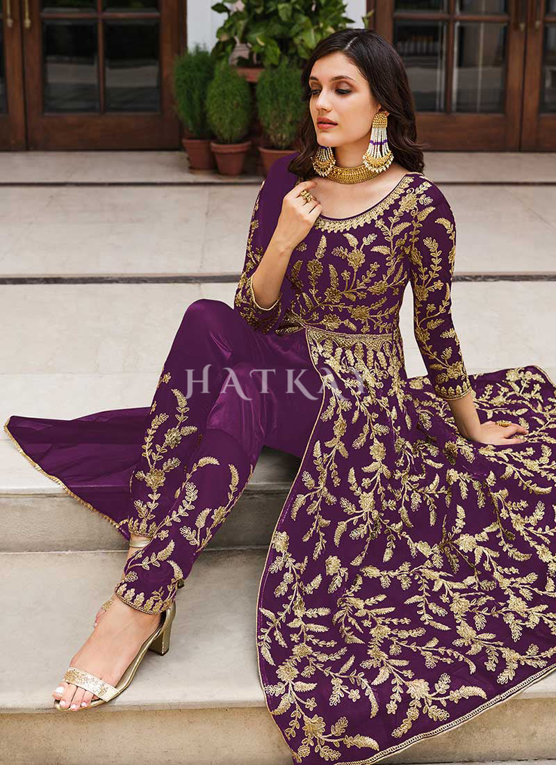 Buy Indian Clothing Online - Purple Embroidered Designer Anarkali Suit