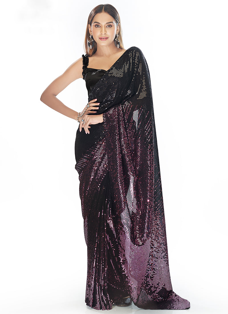 Buy Designer Saree | Black And Purple Sequence Embroidery Georgette ...