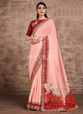 Peach Red Traditional Zari Embroidered Party Wear Saree