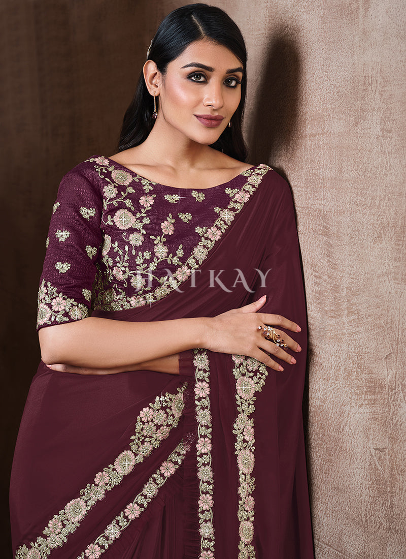 Buy Diwali Saree Deep Wine Traditional Zari Embroidered Party Wear Saree 