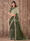 Olive Green Traditional Zari Embroidered Party Wear Saree