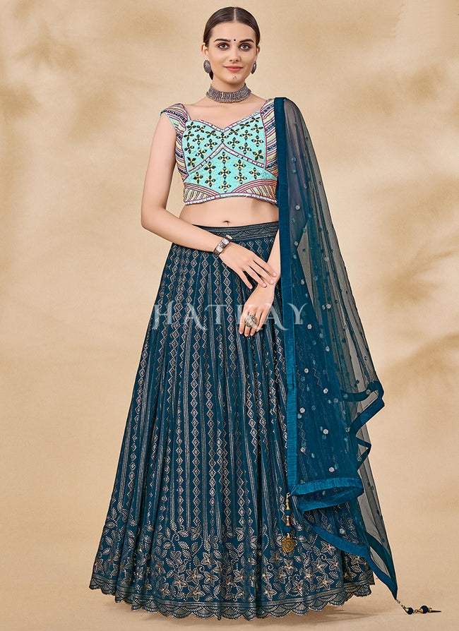 Shop Peacock Blue Chinon Printed Designer Lehenga Skirt Choli Festive Wear  Online at Best Price | Cbazaar