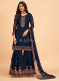 Blue Multi Embroidered Georgette Gharara Suit