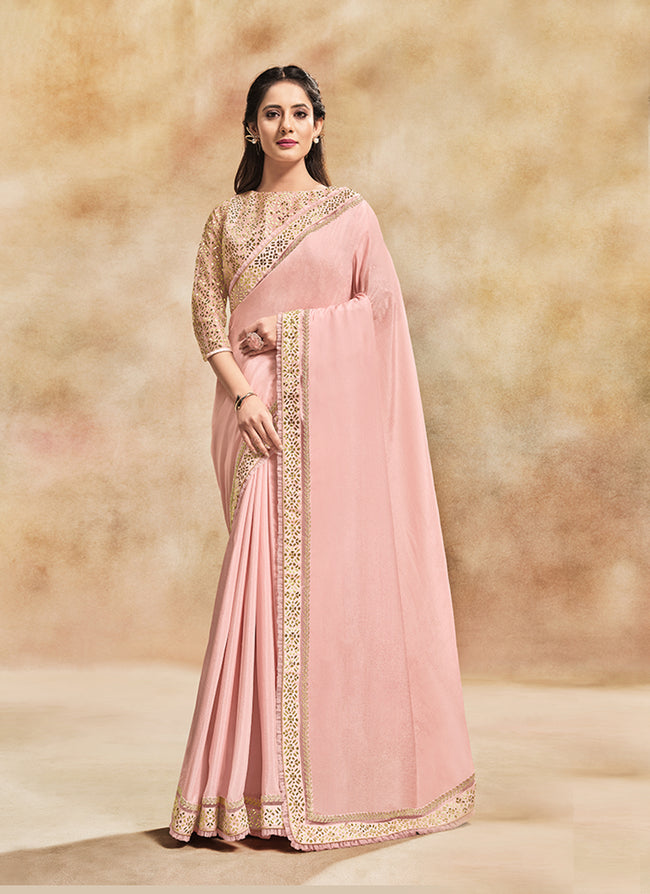 Pink Beige Sequence Embroidered Party Wear Saree