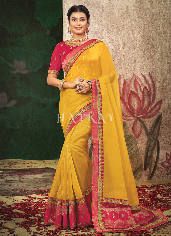 Embroidered Floral Organza Mix Saree-Yellow – Banarasikargha