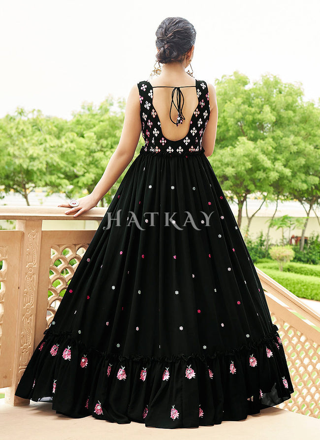 Buy Indian Black Multi Embroidered Flared Anarkali Gown Set for