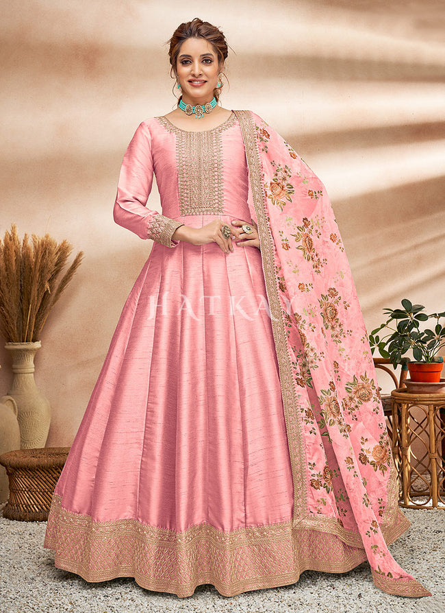 Buy Taffeta Silk Long Anarkali Suit in Peach Color Online - SALA2630