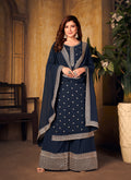 Blue Embroidered Designer Palazzo Suit