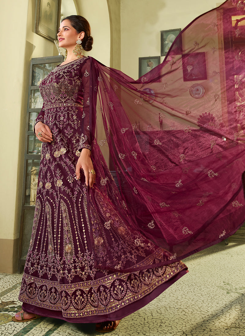 Buy Indian Clothes - Maroon Embroidery Slit Style Wedding Anarkali Suit