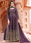 Purple Embroidered Traditional High Slit Palazzo Suit