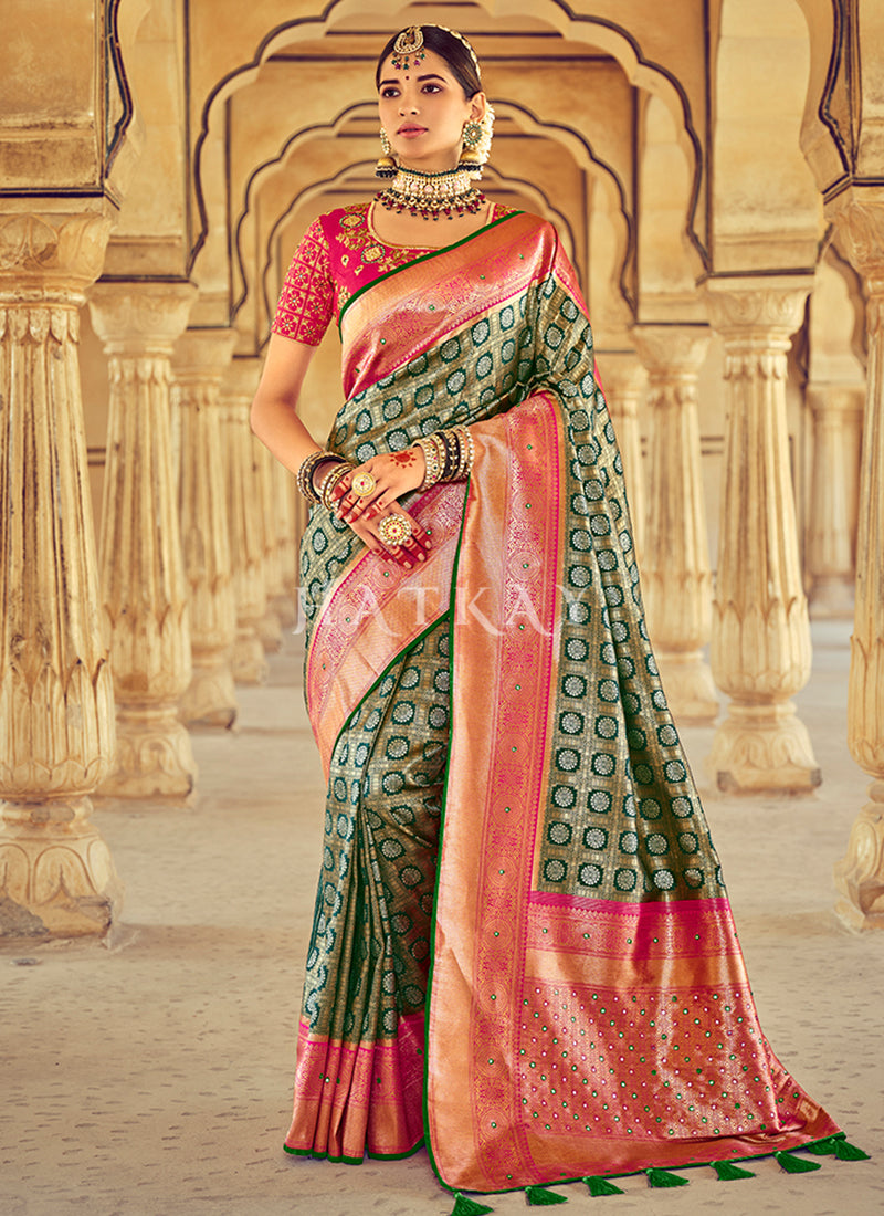 Green Embroidered Patola Silk Wedding Saree