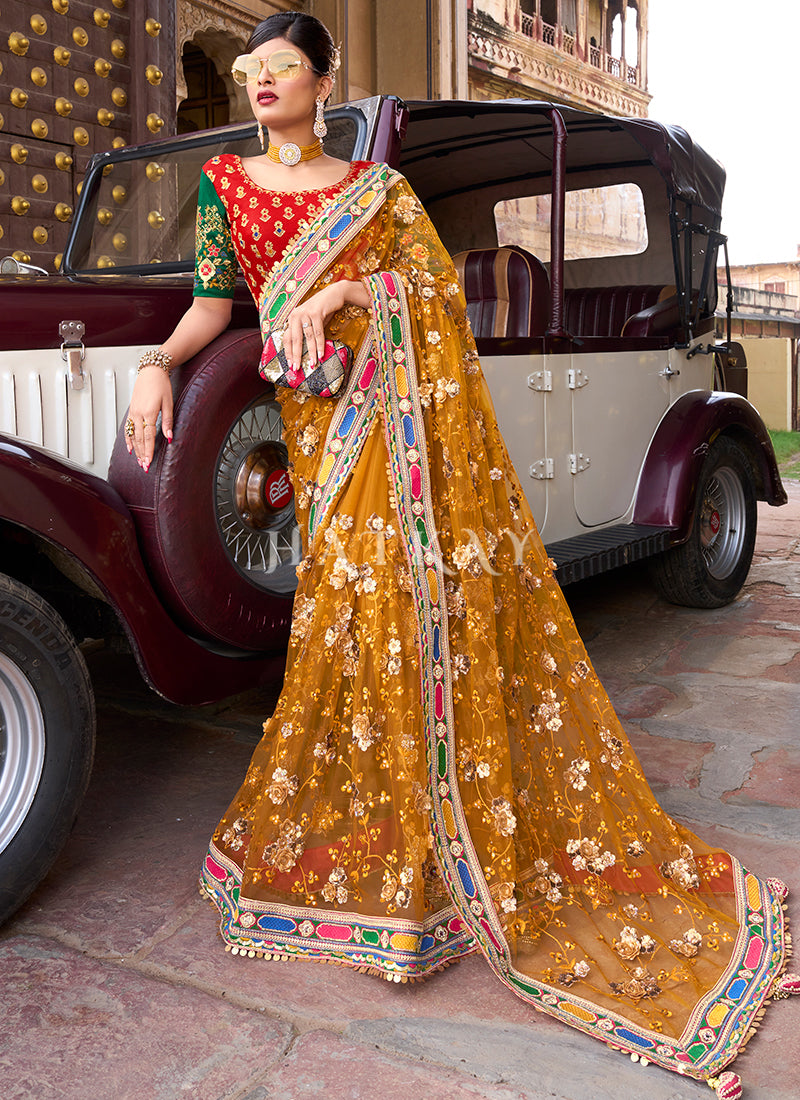 Yellow Sequence And Appliqué Embroidery Designer Wedding Saree