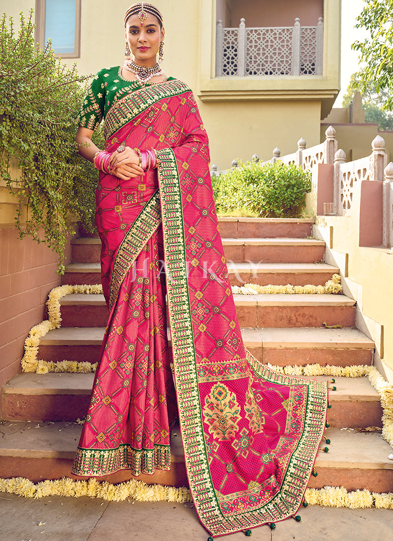 Pink And Green Multi Embroidery Traditional Wedding Saree