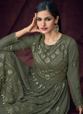 Olive Green Embroidered Peplum Style Anarkali Lehenga Suit