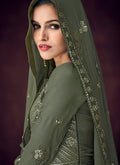 Olive Green Embroidered Peplum Style Anarkali Lehenga Suit