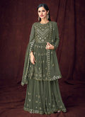 Olive Green Embroidered Peplum Style Anarkali Lehenga Suit