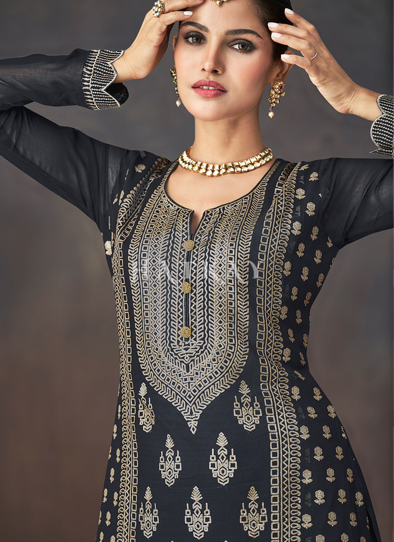 Sharara Suit - Buy Black Golden Embroidered Sharara Style Suit