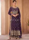 Deep Purple Georgette Embroidered Wedding Palazzo Suit