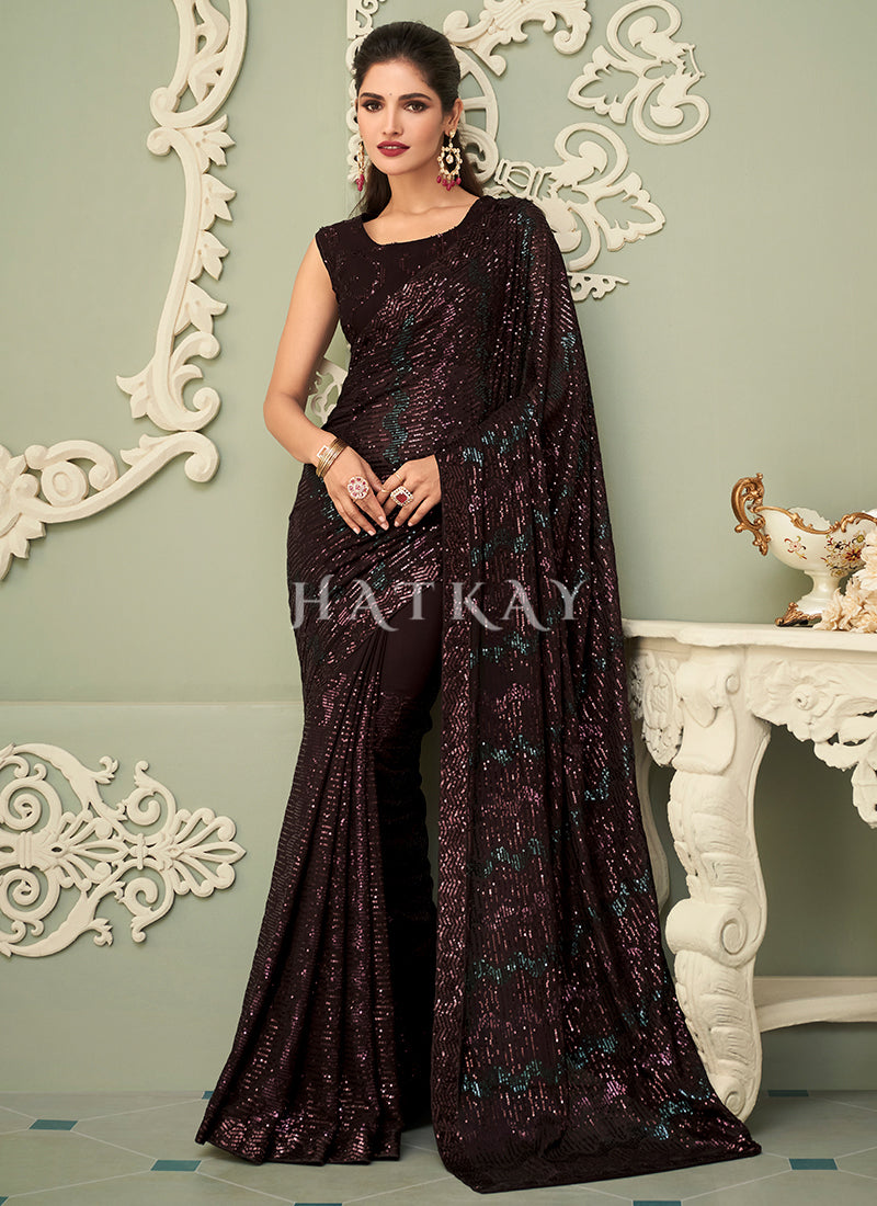 Deep Brown Sequins Embroidery Georgette Saree