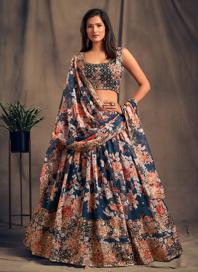 Blue Golden Floral Printed Lehenga Choli