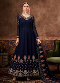 Dark Blue Traditional Embroidered Anarkali Suit