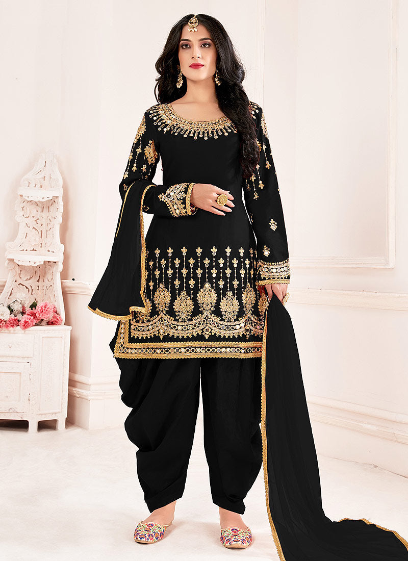 Punjabi Suit - Black Silk Mirror Work Punjabi Suit