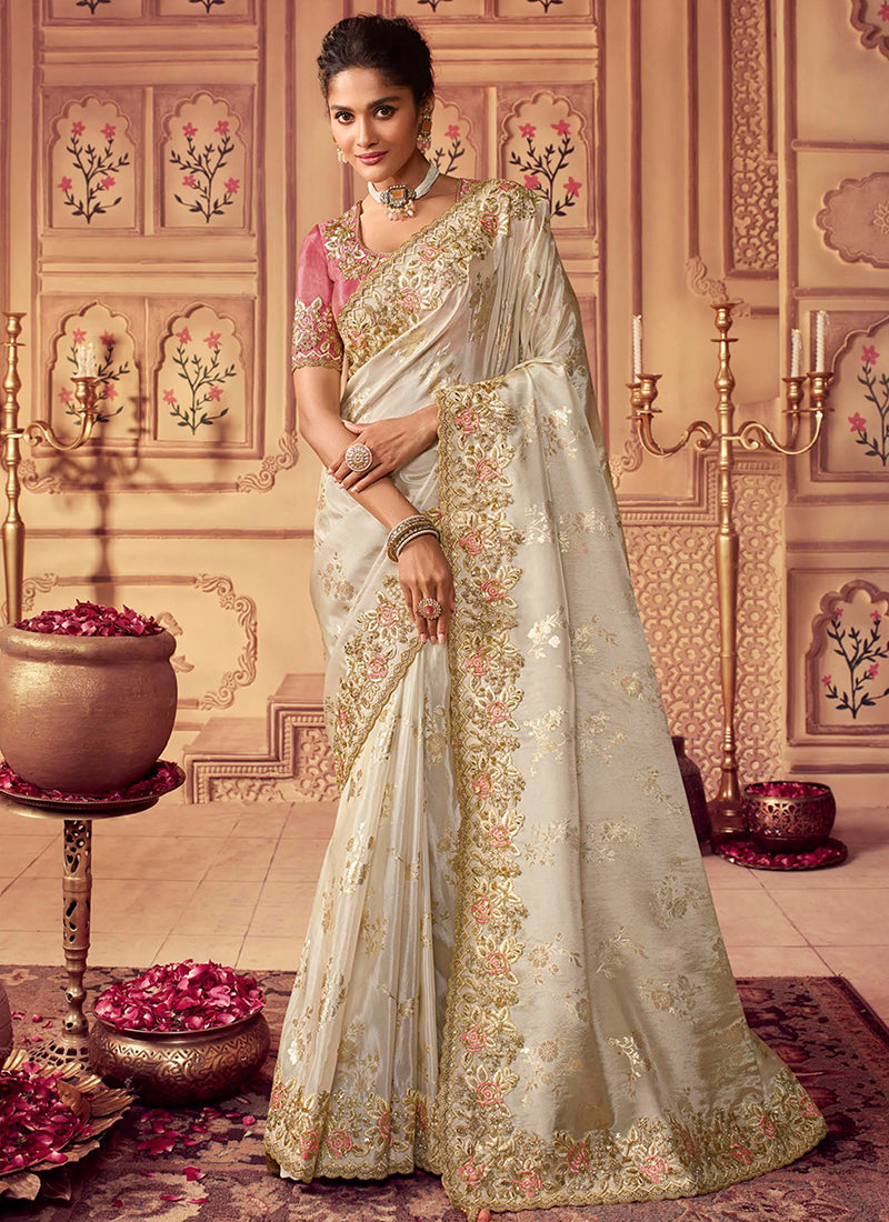 Off White Golden Sequence Embroidered Wedding Saree