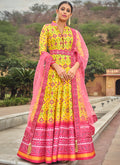 Yellow And Pink Multicoloured Printed Silk Designer Anarkali Gown