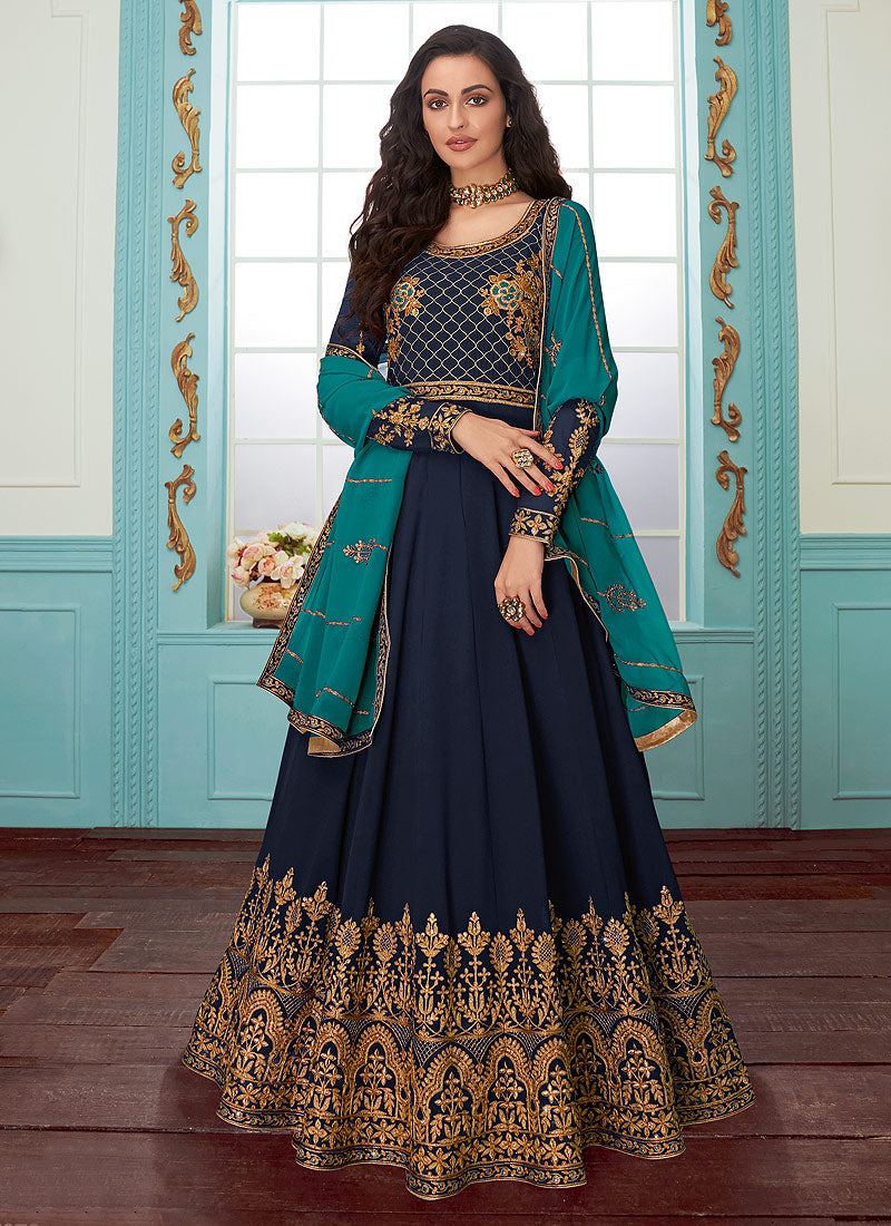 Navy Blue And Turquoise Embroidered Designer Anarkali Suit