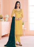 Indian Clothes - Yellow And Green Traditional Embroidered Pant Style Suit