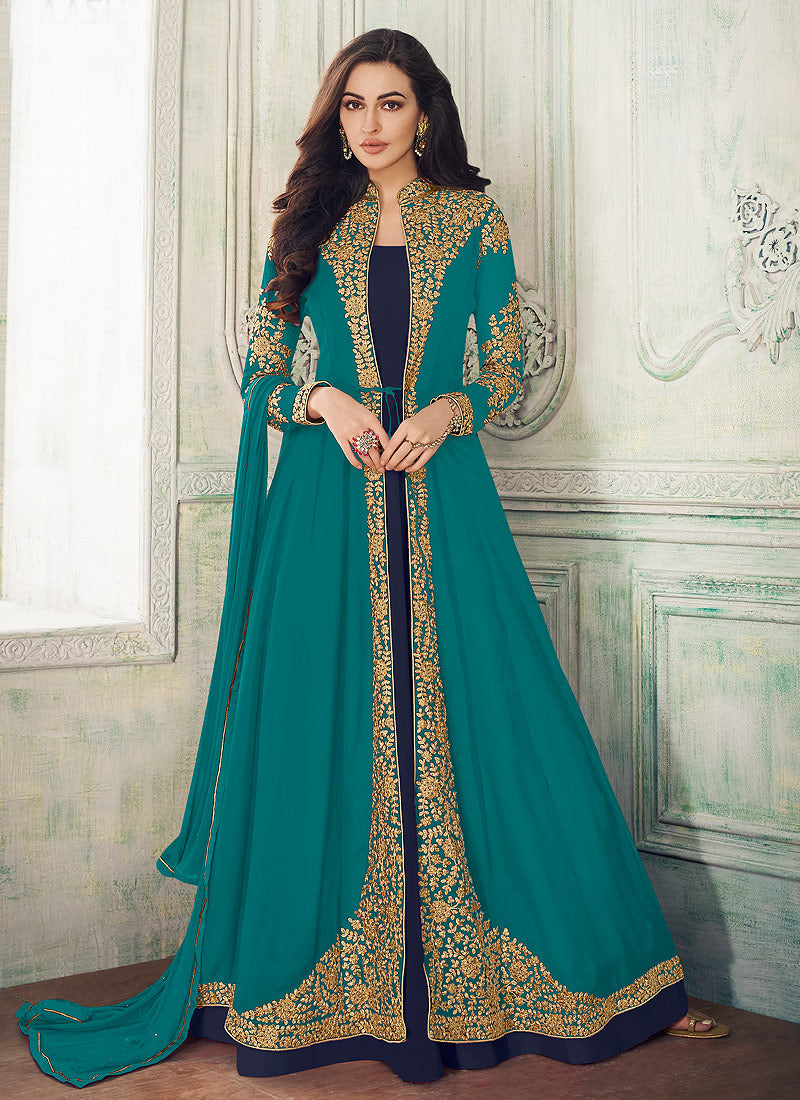 Turquoise And Blue Jacket Style Embroidered Pant Suit