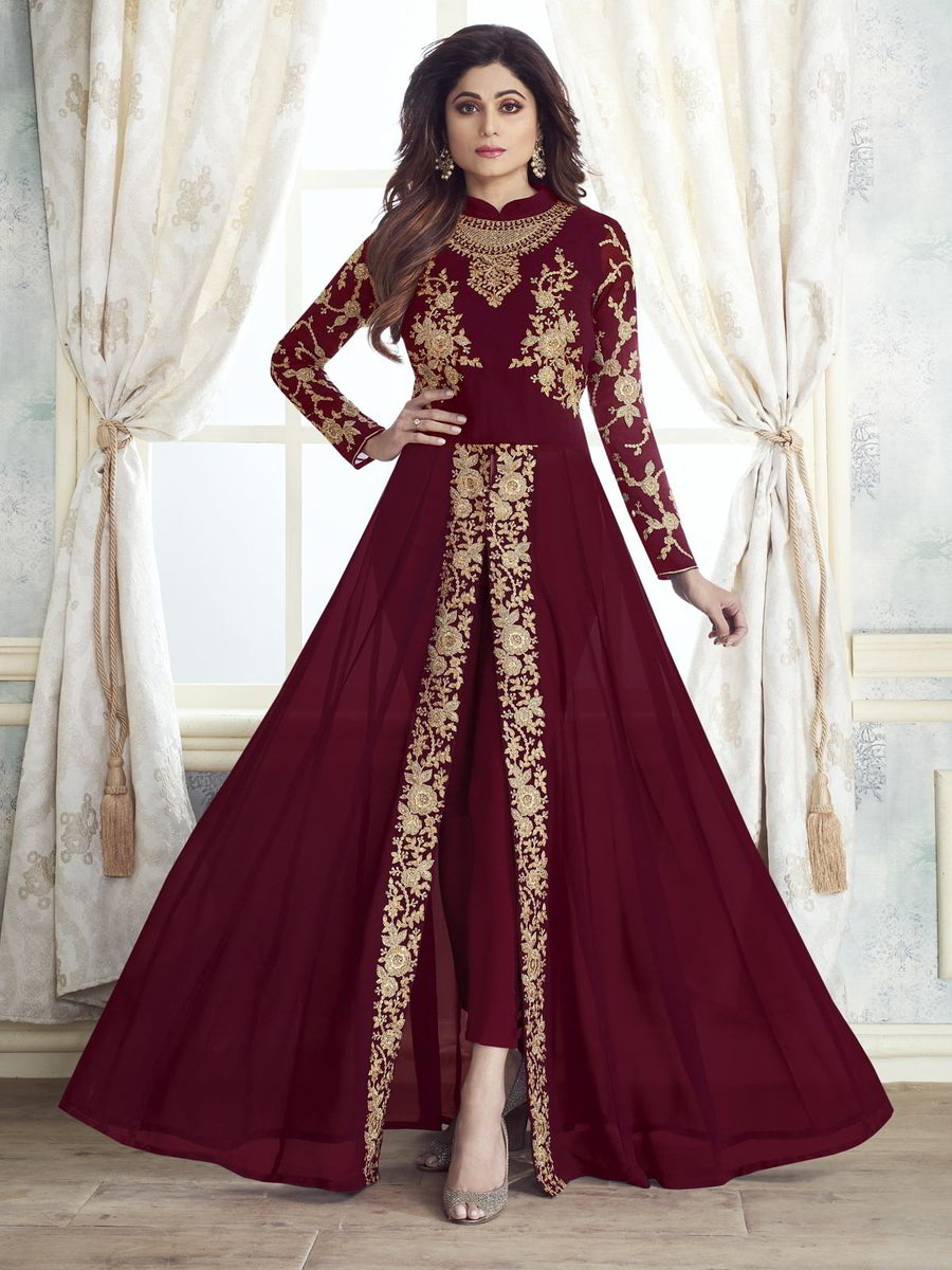 Red Ethnic Embroidered Designer Slit Style Anarkali Pant Suit