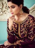 Deep Maroon Golden Embroidered Silk Anarkali Suit