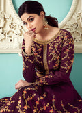 Deep Maroon Golden Embroidered Silk Anarkali Suit