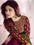 Marron And Green Embroidered Anarkali Suit