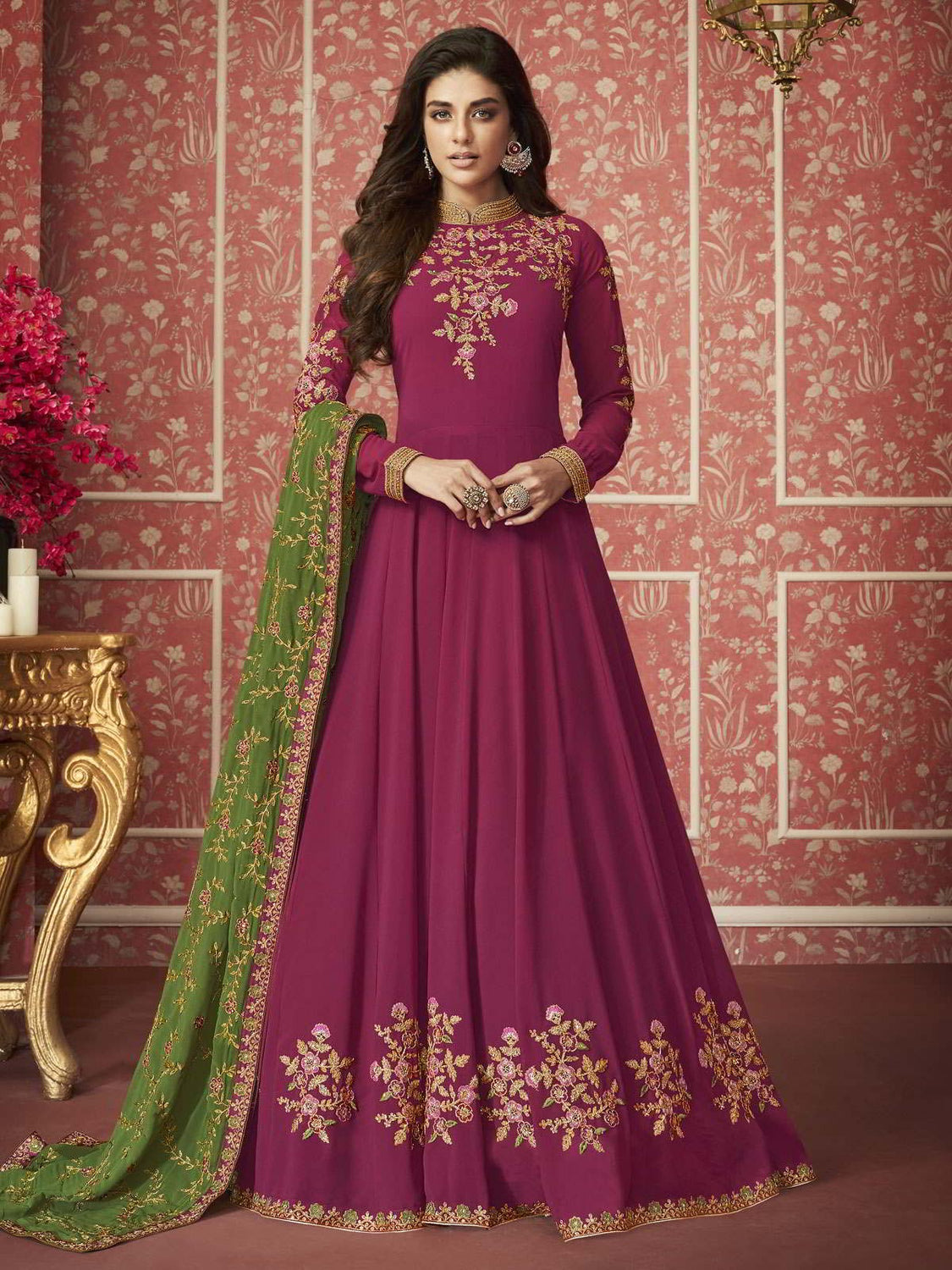 Pink And Green Zari Embroidered Traditional Anarkali Suit