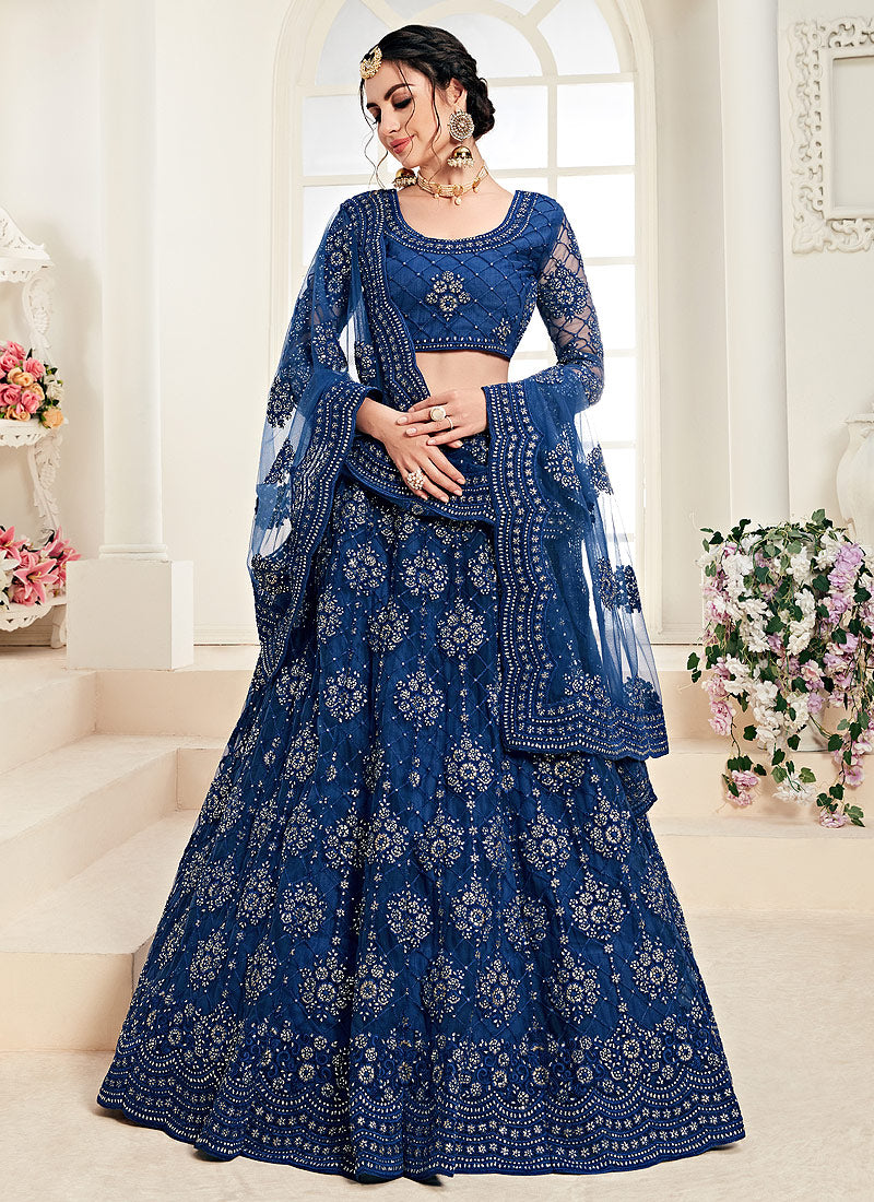 Dark Blue Pearl Embroidered Wedding Lehenga Choli