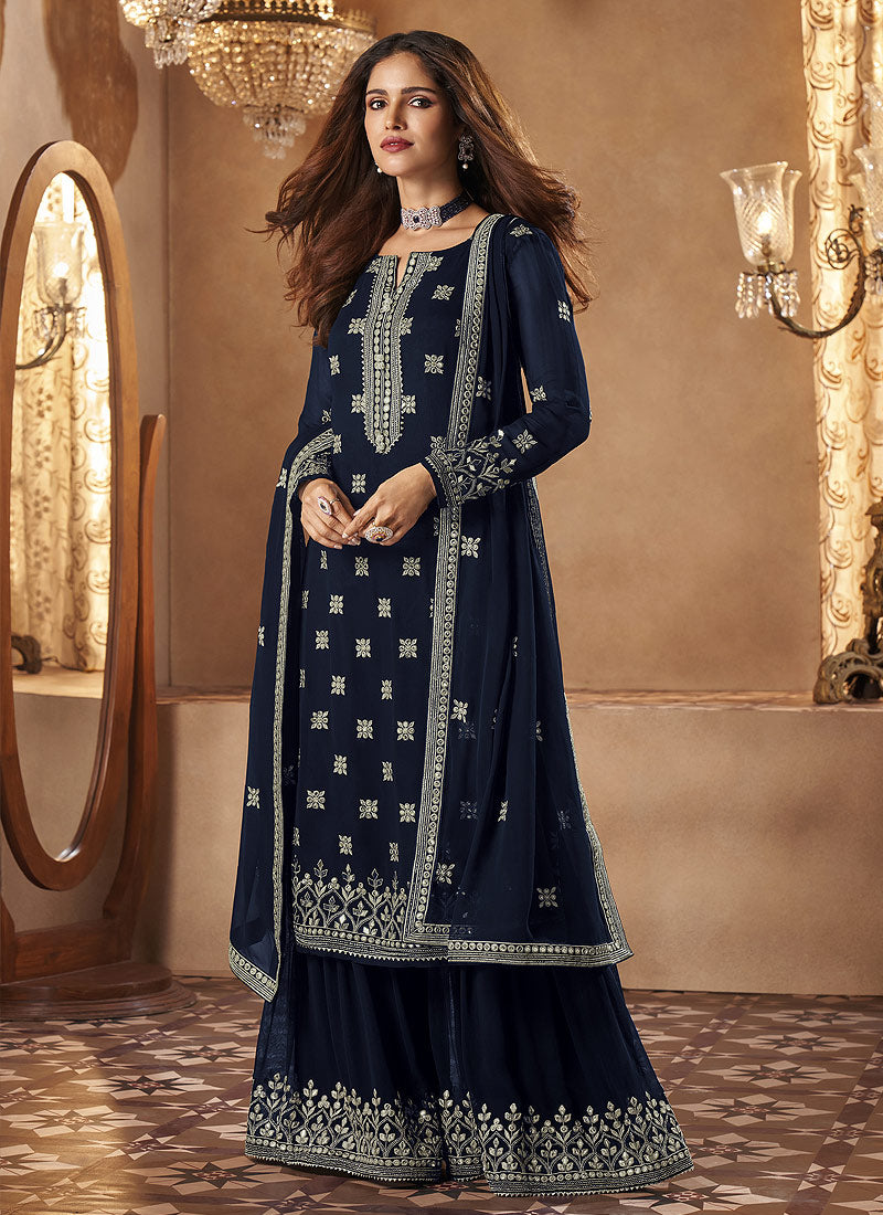 Buy Navy Blue Mirror Embroidered Designer Gharara Suit In Canada online