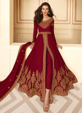 Red Slit Style Zari Embroidered Anarkali Pants Suit 