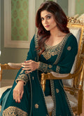 Turquoise Two Tone Embroidered Palazzo Suit