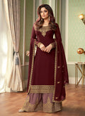 Maroon Two Tone Embroidered Palazzo Suit