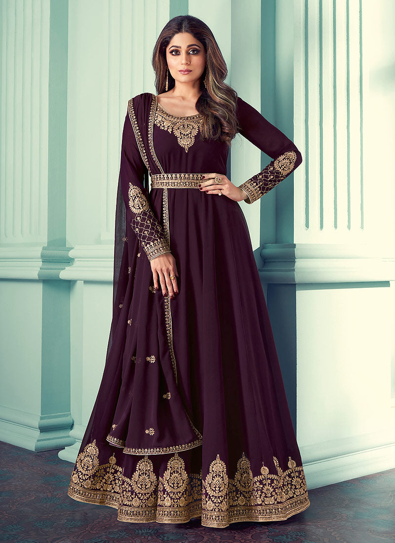 Buy Deep Wine And Gold Embroidered Anarkali In USA, online