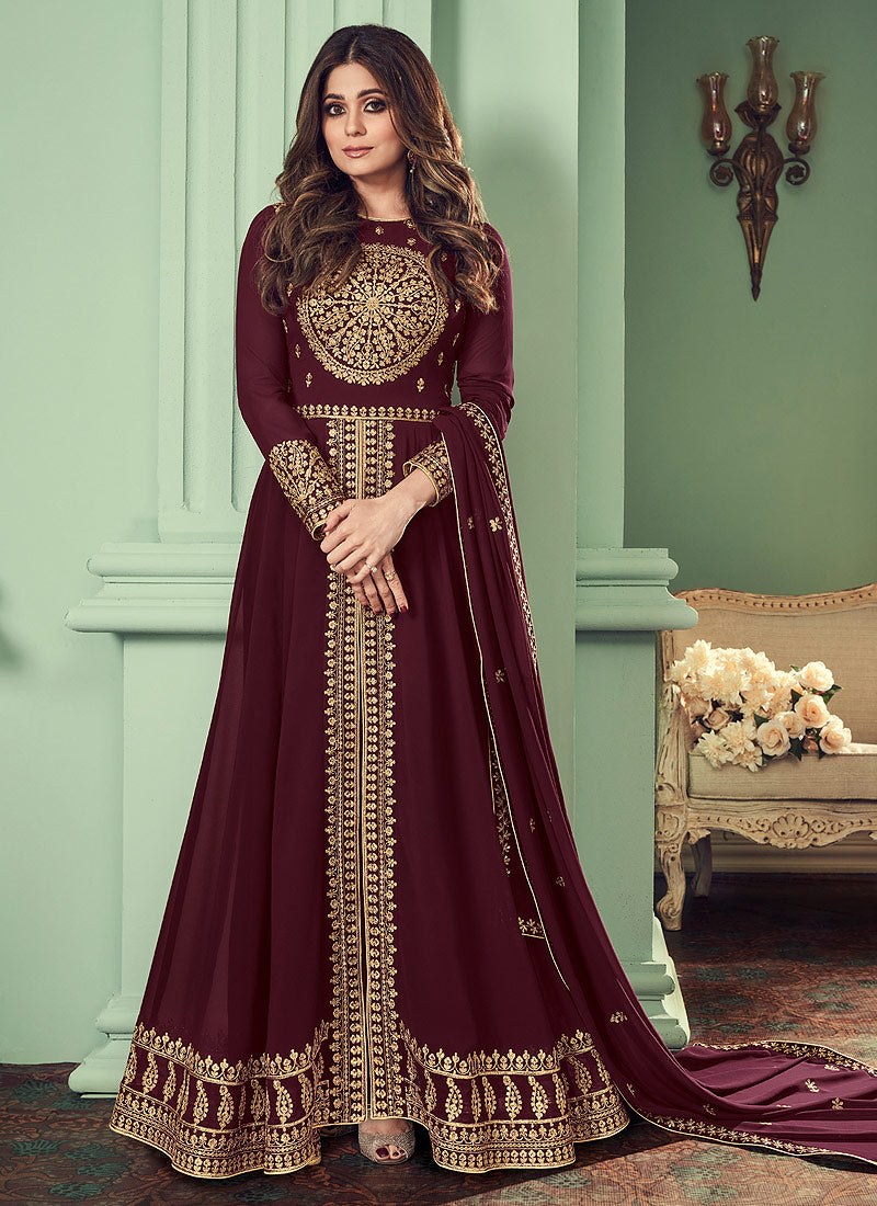 Buy Maroon Golden Embroidered Slit Style Anarkali Pant Suit In ...