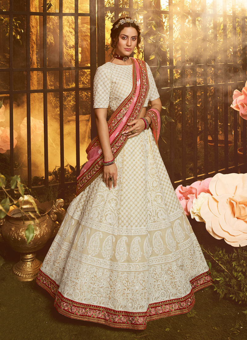 White Color Georgette Lucknowi Work Lehenga Choli With Ajarakh Dupatta at  Rs 8299.00 | Nana Varachha | Surat| ID: 2851604755430