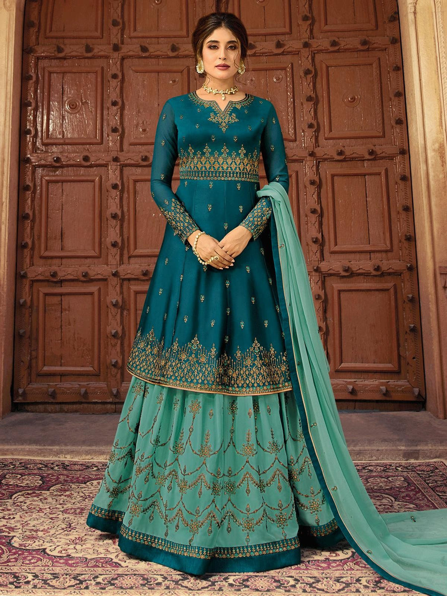 Turquoise And Green Designer Lehenga/Palazzo Suit