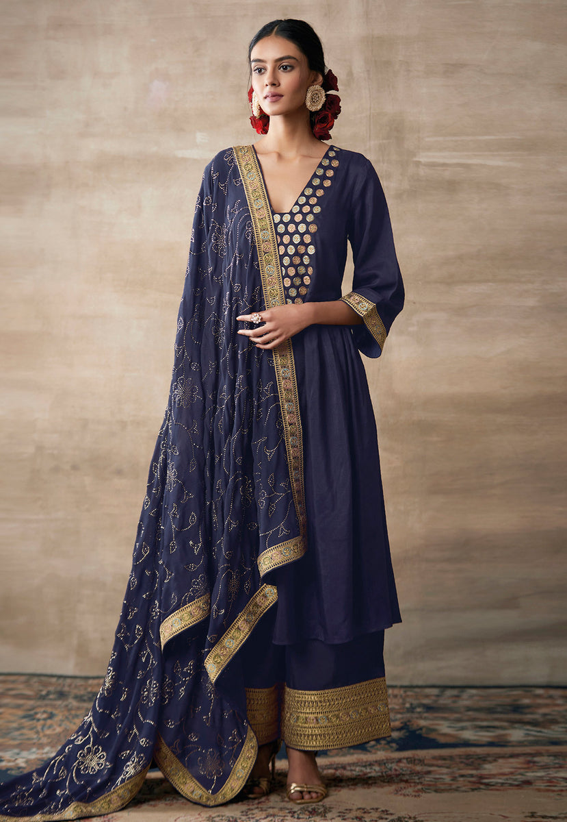 Buy Navy Blue Embroidered Designer Palazzo Suit In USA, UK, Canada ...