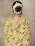 Lemon Yellow Golden Embroidered Designer Silk Palazzo Suit