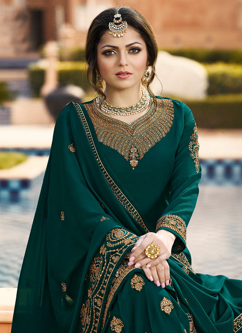 Dark Green Ethic Embroidered Pakistani Gharara Suit