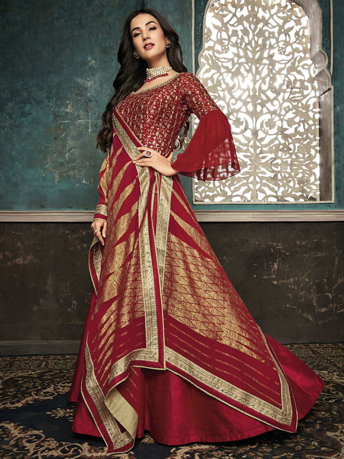 Red Rouge Golden Embroidered Designer Silk Anarkali Suit