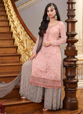 Pink And Grey Traditional Embroidered Gharara Suit